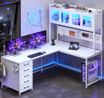 Shaped Gaming Desk with Drawers, L Shaped Computer Desk with Hutch and Storage Shelves, Gaming Desk with Pegboard, Led