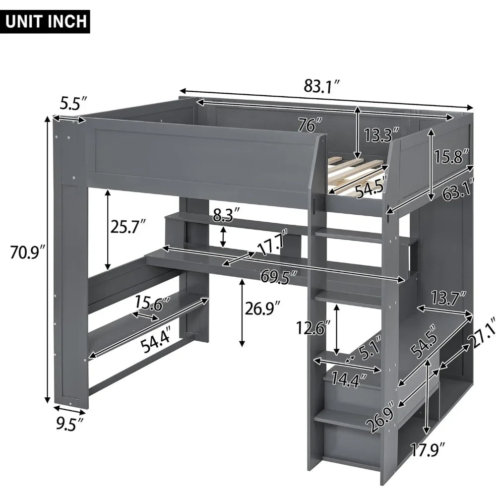 Full Size Gaming Loft Bed with Desk, LED and Charging Station, Wood Loft Bed with Multi-Storage Shelves and Drawers