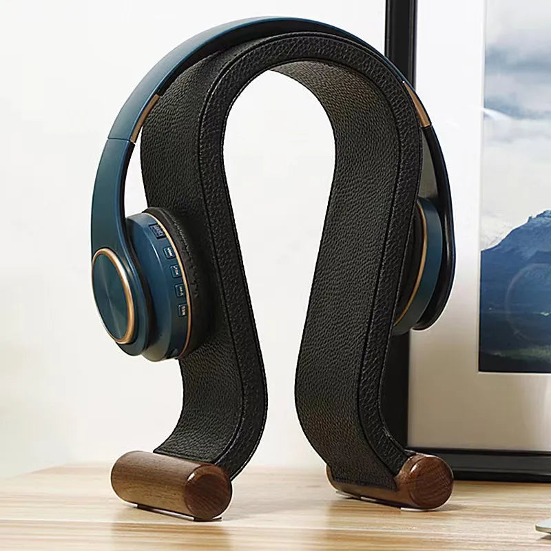 Universal Headphone Stand Wooden Leather Desk Headband Headphone Holder Rack for Airpods Max Beats Series Gaming Earphone Holder