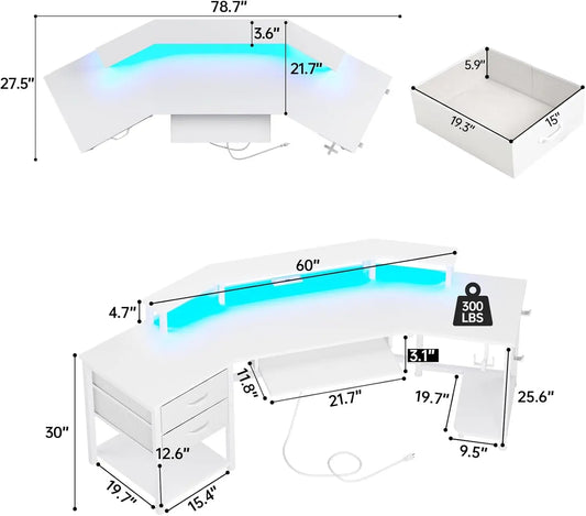 79" Gaming Desk, Computer Desk with 2 Fabric Drawers & LED Light, White Small Desk with Storage for Home Office