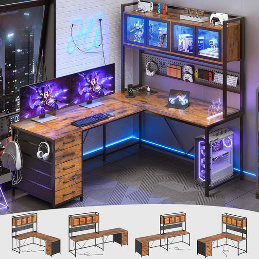 Gaming Desk with Drawers, L Shaped Computer Desk with Hutch and Storage Shelves, Gaming Desk with Pegboard, Led