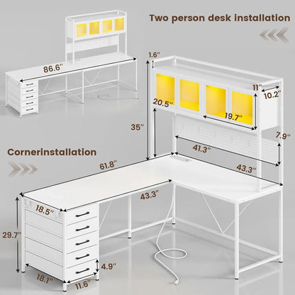 Shaped Gaming Desk with Drawers, L Shaped Computer Desk with Hutch and Storage Shelves, Gaming Desk with Pegboard, Led